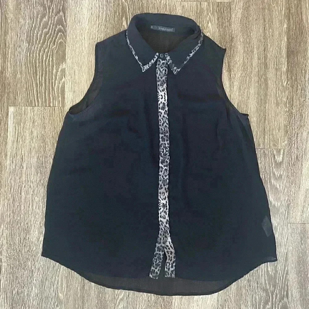 Womens Maurices Black Sheer Button Up Sleeveless Shirt - 0